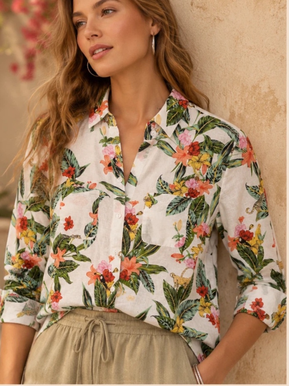 NWT Charter Club Luxury Size S Petite Luxury Linen-Blend Shirt “Paradise" print